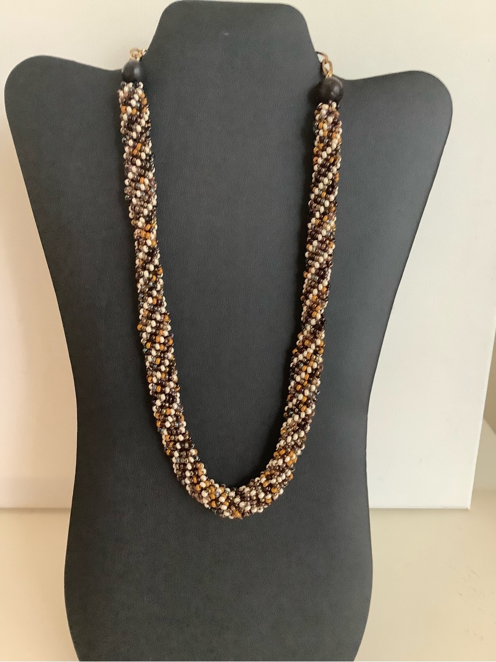 Twisted Beaded Rope Necklace in Brown, Gold & Cream - Women Jewelry